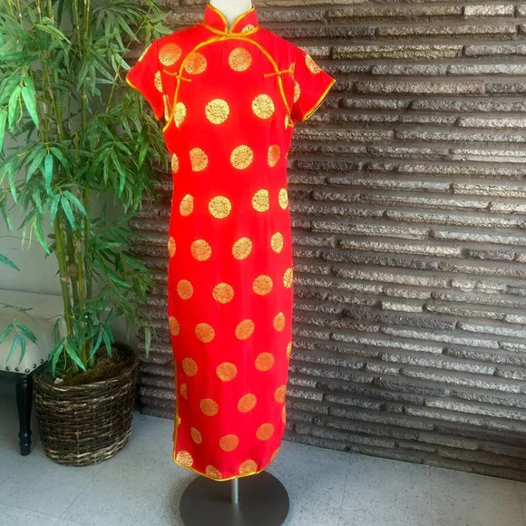 Chinese Vintage Red with Gold Traditional Cheongsam Qipao Maxi Dress - Picture 8 of 8